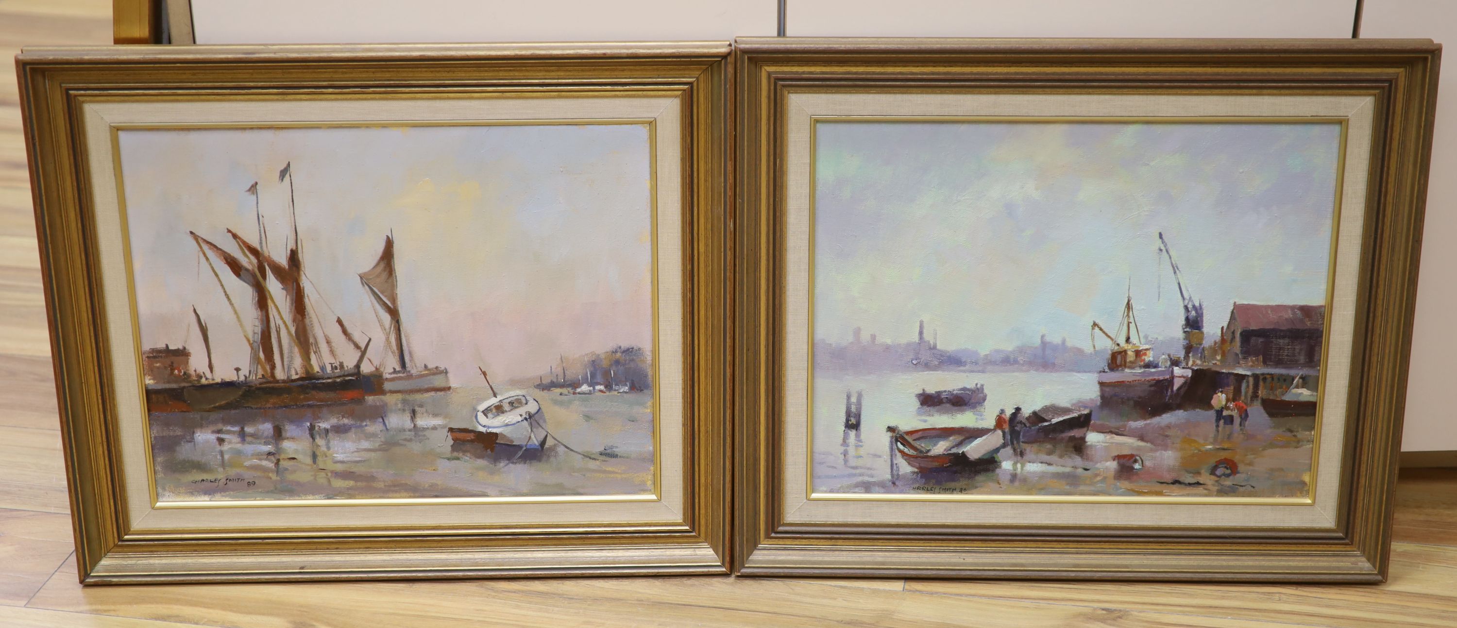 Charles Smith (Wapping Group), two oils on board, 'Bugbys, Greenwich Reach' and 'Barges at Pin Mill, Suffolk', signed 35 x 45cm